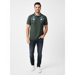REASON Mens Green Embroidered Floral Polo‎ Shirt Sz L Streetwear Urban Vtg Y2K